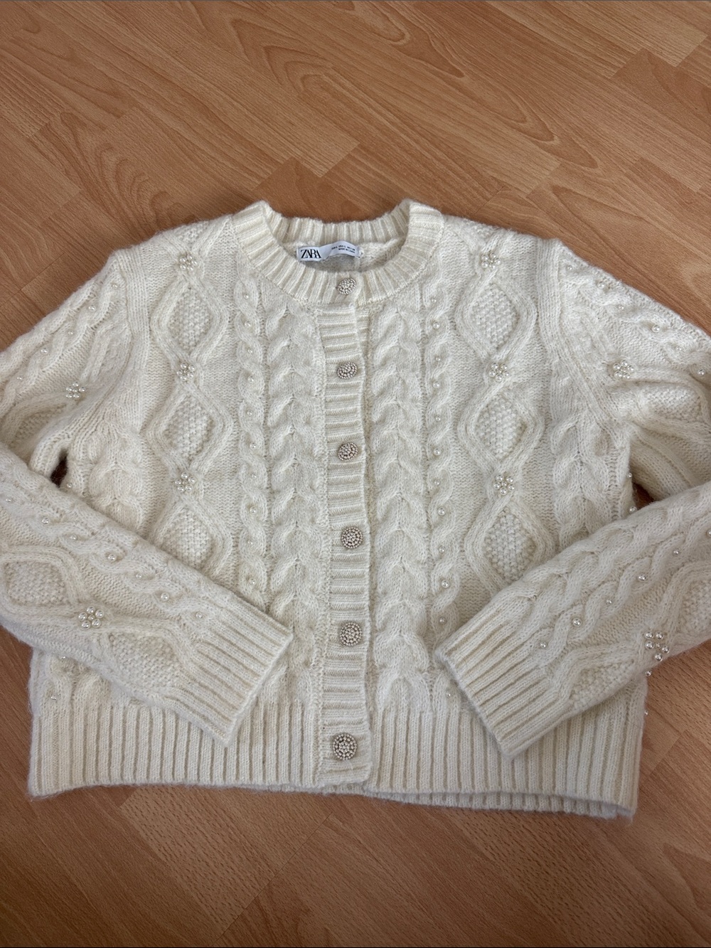 Zara Cream Pearl-Embellished Cable Knit Cardigan